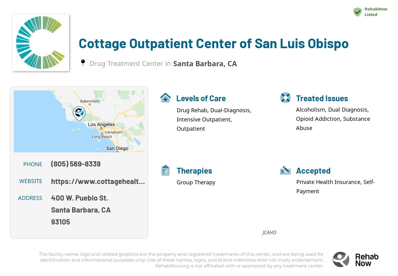 Helpful reference information for Cottage Outpatient Center of San Luis Obispo, a drug treatment center in California located at: 400 W. Pueblo St., Santa Barbara, CA, 93105, including phone numbers, official website, and more. Listed briefly is an overview of Levels of Care, Therapies Offered, Issues Treated, and accepted forms of Payment Methods.