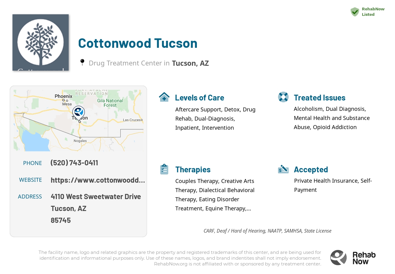 Helpful reference information for Cottonwood Tucson, a drug treatment center in Arizona located at: 4110 West Sweetwater Drive, Tucson, AZ, 85745, including phone numbers, official website, and more. Listed briefly is an overview of Levels of Care, Therapies Offered, Issues Treated, and accepted forms of Payment Methods.