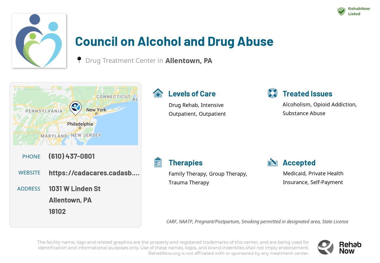 Helpful reference information for Council on Alcohol and Drug Abuse, a drug treatment center in Pennsylvania located at: 1031 W Linden St, Allentown, PA 18102, including phone numbers, official website, and more. Listed briefly is an overview of Levels of Care, Therapies Offered, Issues Treated, and accepted forms of Payment Methods.