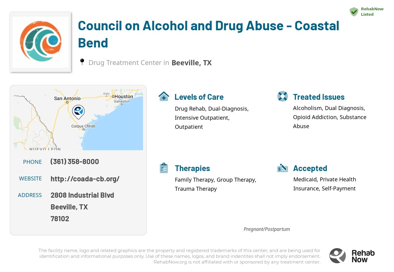 Helpful reference information for Council on Alcohol and Drug Abuse - Coastal Bend, a drug treatment center in Texas located at: 2808 Industrial Blvd, Beeville, TX 78102, including phone numbers, official website, and more. Listed briefly is an overview of Levels of Care, Therapies Offered, Issues Treated, and accepted forms of Payment Methods.