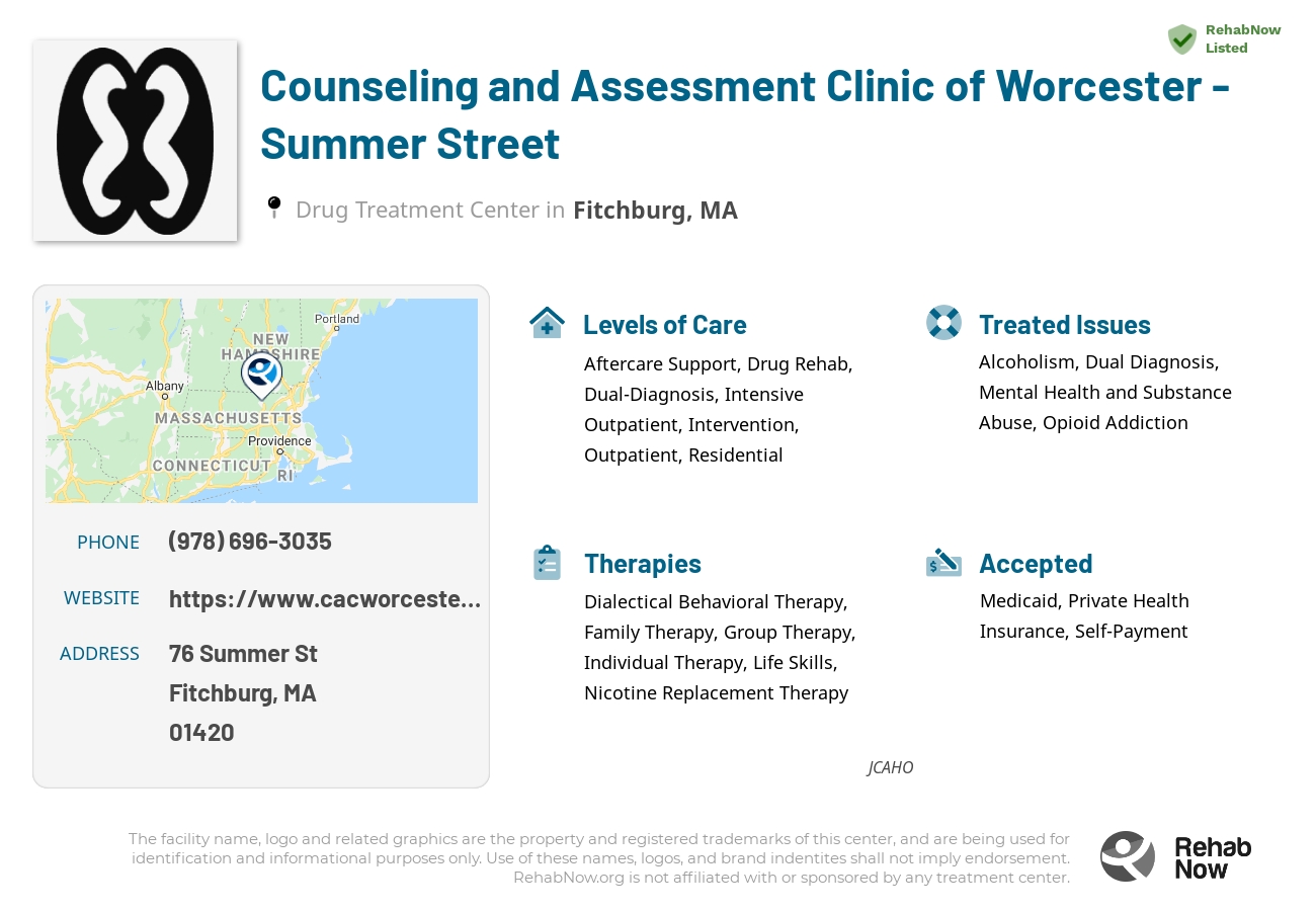 Helpful reference information for Counseling and Assessment Clinic of Worcester - Summer Street, a drug treatment center in Massachusetts located at: 76 Summer St, Fitchburg, MA 01420, including phone numbers, official website, and more. Listed briefly is an overview of Levels of Care, Therapies Offered, Issues Treated, and accepted forms of Payment Methods.