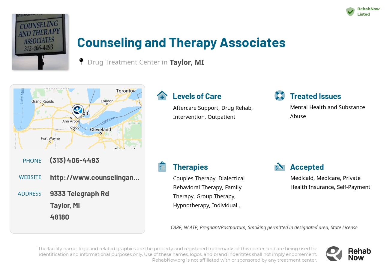 Helpful reference information for Counseling and Therapy Associates, a drug treatment center in Michigan located at: 9333 9333 Telegraph Rd, Taylor, MI 48180, including phone numbers, official website, and more. Listed briefly is an overview of Levels of Care, Therapies Offered, Issues Treated, and accepted forms of Payment Methods.