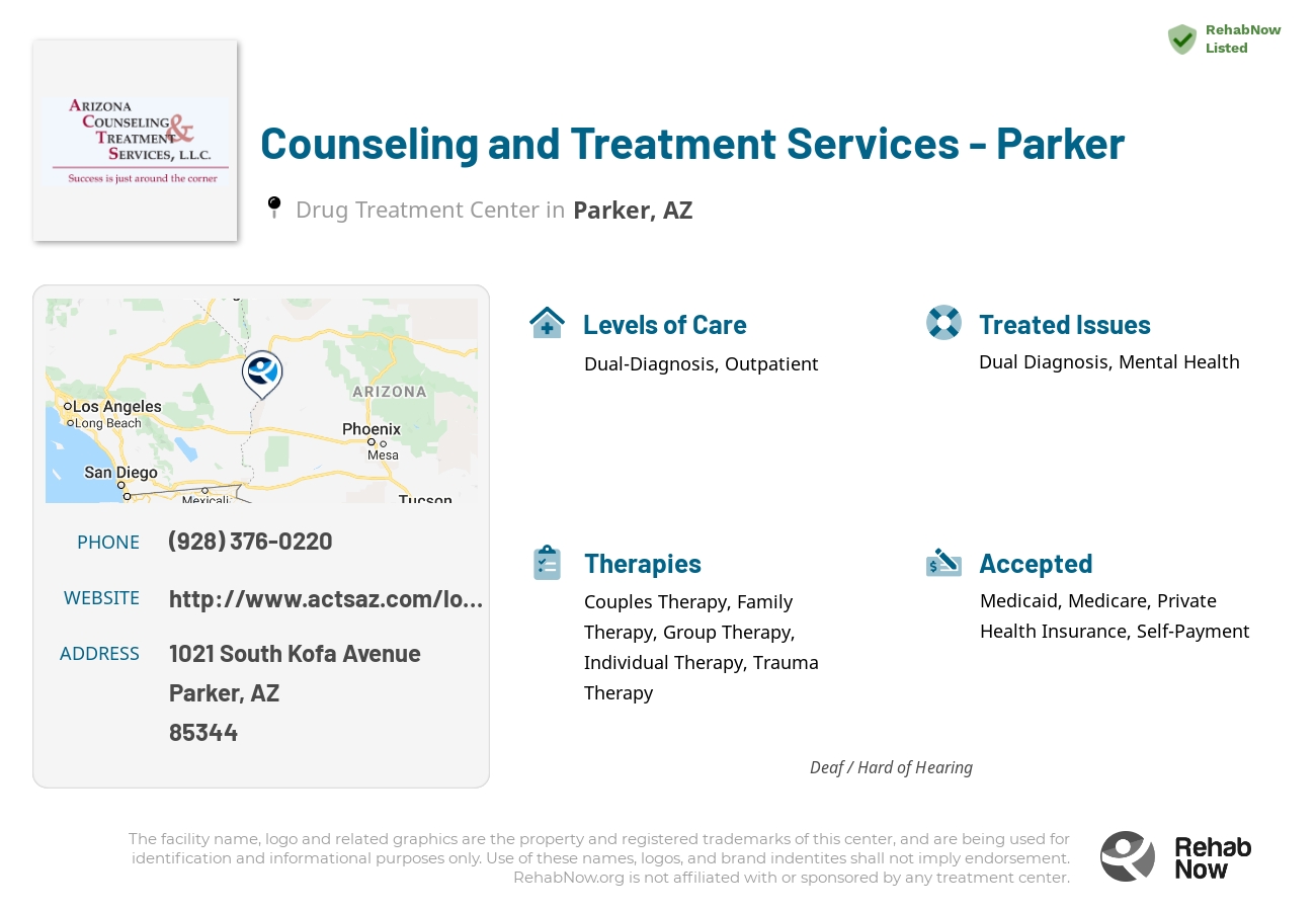Helpful reference information for Counseling and Treatment Services - Parker, a drug treatment center in Arizona located at: 1021 1021 South Kofa Avenue, Parker, AZ 85344, including phone numbers, official website, and more. Listed briefly is an overview of Levels of Care, Therapies Offered, Issues Treated, and accepted forms of Payment Methods.