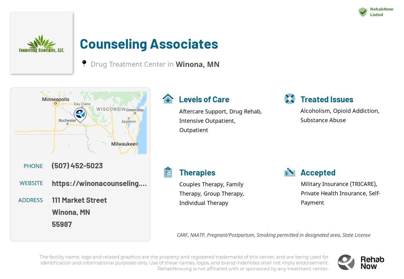 Helpful reference information for Counseling Associates, a drug treatment center in Minnesota located at: 111 111 Market Street, Winona, MN 55987, including phone numbers, official website, and more. Listed briefly is an overview of Levels of Care, Therapies Offered, Issues Treated, and accepted forms of Payment Methods.