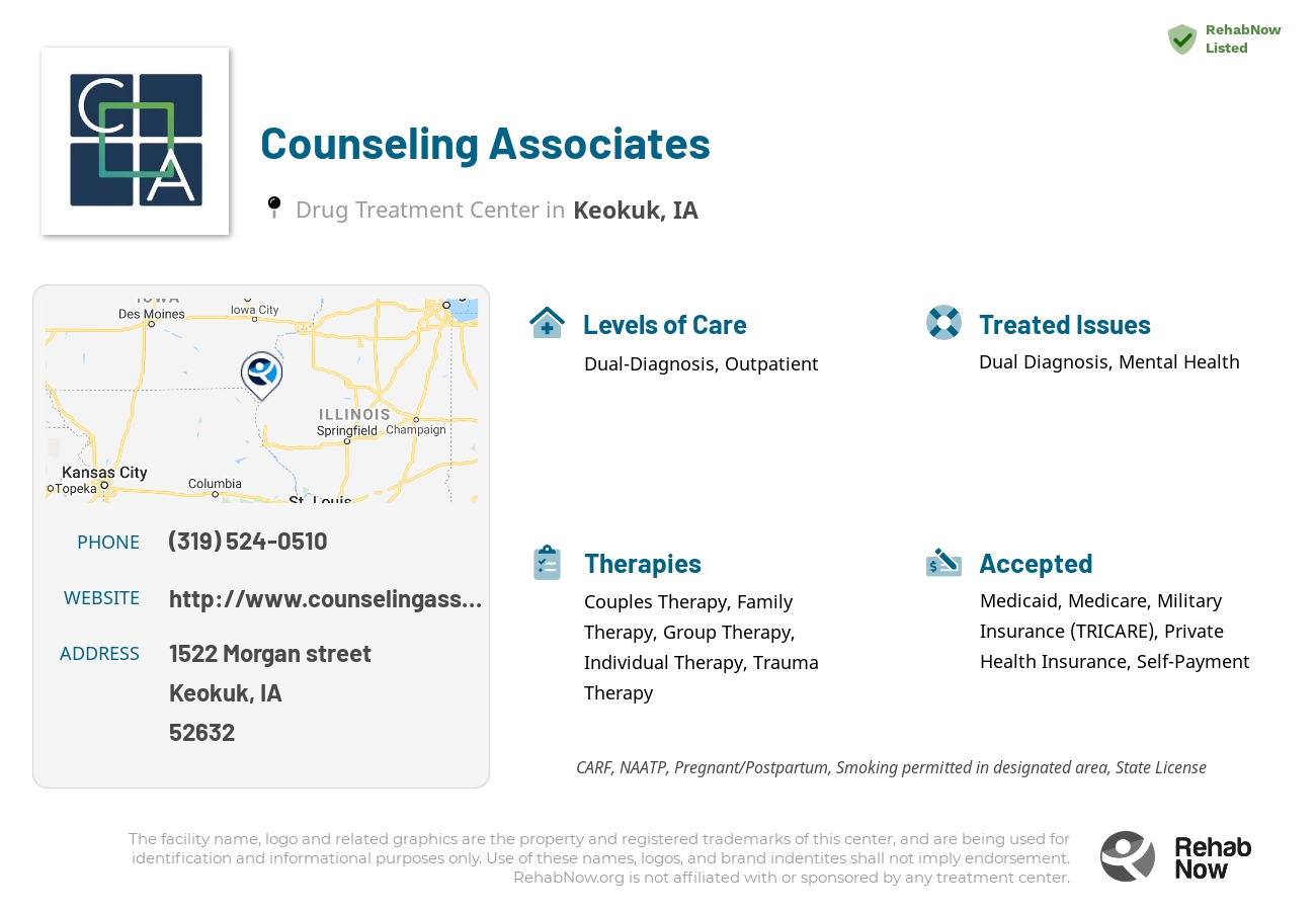 Helpful reference information for Counseling Associates, a drug treatment center in Iowa located at: 1522 Morgan street, Keokuk, IA, 52632, including phone numbers, official website, and more. Listed briefly is an overview of Levels of Care, Therapies Offered, Issues Treated, and accepted forms of Payment Methods.