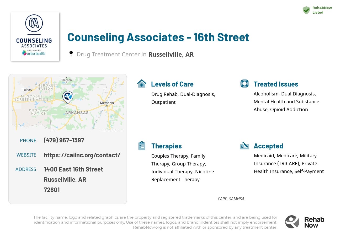 Helpful reference information for Counseling Associates - 16th Street, a drug treatment center in Arkansas located at: 1400 East 16th Street, Russellville, AR, 72801, including phone numbers, official website, and more. Listed briefly is an overview of Levels of Care, Therapies Offered, Issues Treated, and accepted forms of Payment Methods.
