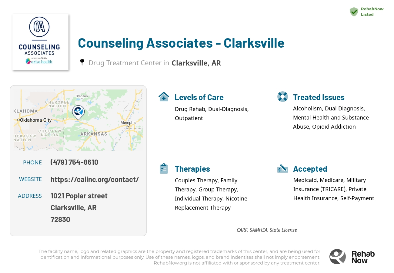 Helpful reference information for Counseling Associates - Clarksville, a drug treatment center in Arkansas located at: 1021 Poplar Street, Clarksville, AR 72830, including phone numbers, official website, and more. Listed briefly is an overview of Levels of Care, Therapies Offered, Issues Treated, and accepted forms of Payment Methods.