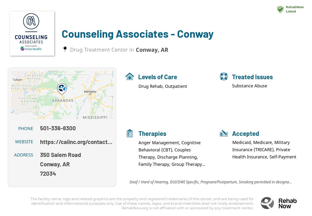 Helpful reference information for Counseling Associates - Conway, a drug treatment center in Arkansas located at: 350 Salem Road, Conway, AR 72034, including phone numbers, official website, and more. Listed briefly is an overview of Levels of Care, Therapies Offered, Issues Treated, and accepted forms of Payment Methods.