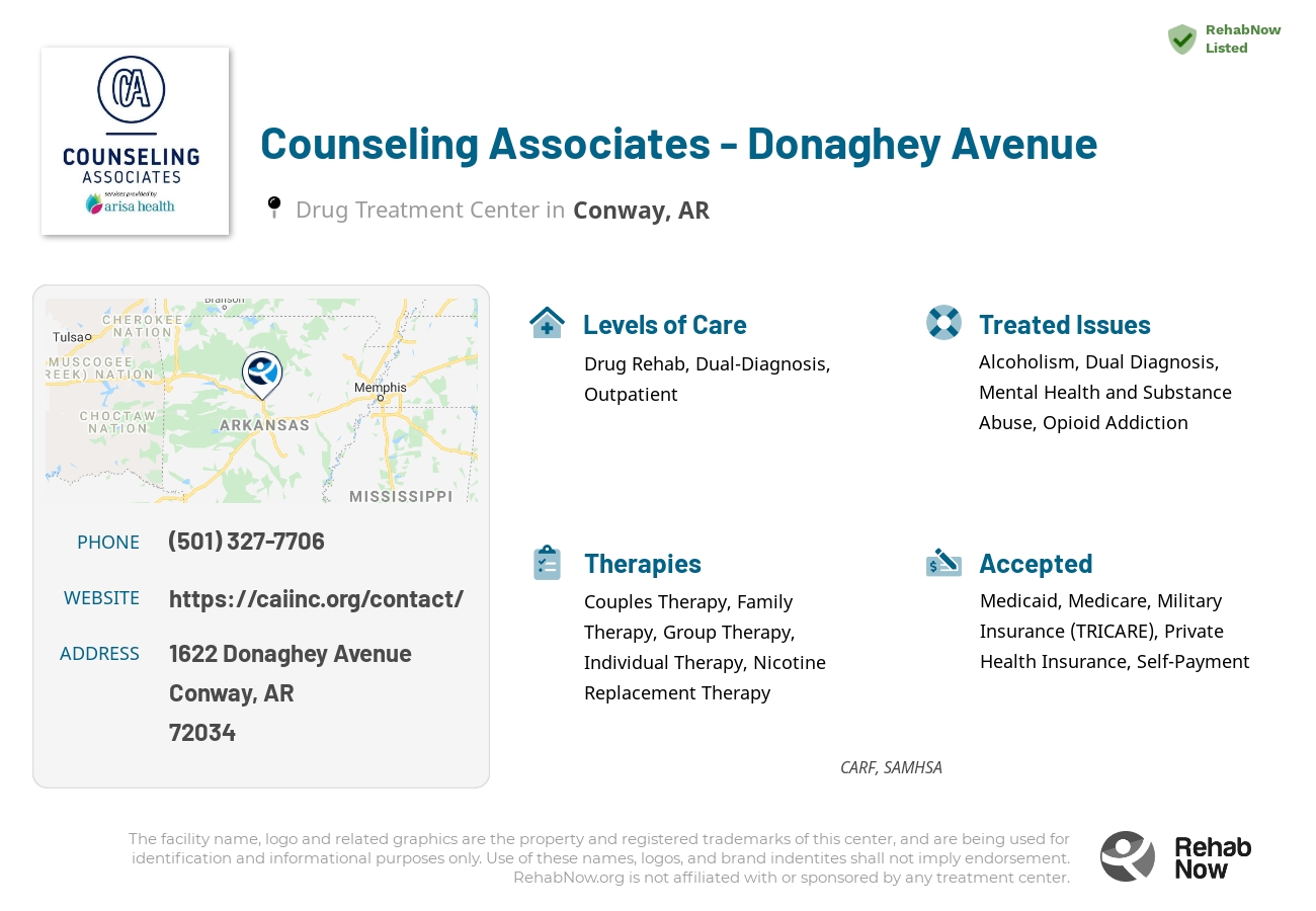 Helpful reference information for Counseling Associates - Donaghey Avenue, a drug treatment center in Arkansas located at: 1622 Donaghey Avenue, Conway, AR, 72034, including phone numbers, official website, and more. Listed briefly is an overview of Levels of Care, Therapies Offered, Issues Treated, and accepted forms of Payment Methods.