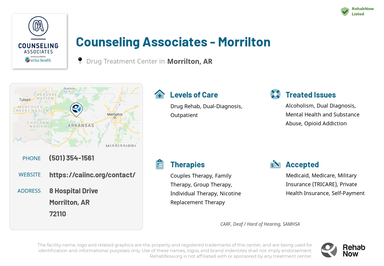 Helpful reference information for Counseling Associates - Morrilton, a drug treatment center in Arkansas located at: 8 Hospital Drive, Morrilton, AR 72110, including phone numbers, official website, and more. Listed briefly is an overview of Levels of Care, Therapies Offered, Issues Treated, and accepted forms of Payment Methods.