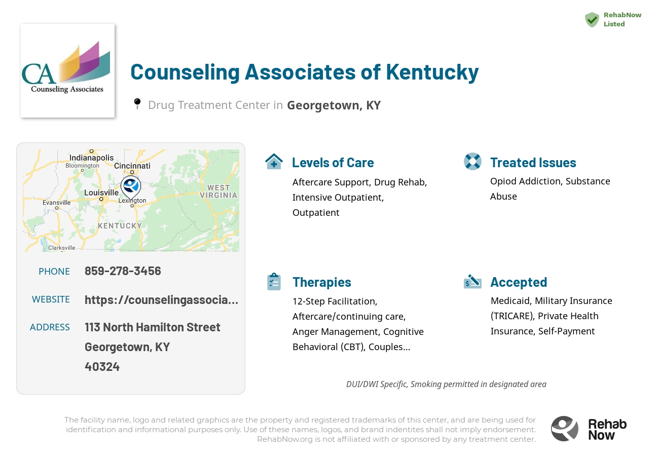 Helpful reference information for Counseling Associates of Kentucky, a drug treatment center in Kentucky located at: 113 North Hamilton Street, Georgetown, KY 40324, including phone numbers, official website, and more. Listed briefly is an overview of Levels of Care, Therapies Offered, Issues Treated, and accepted forms of Payment Methods.