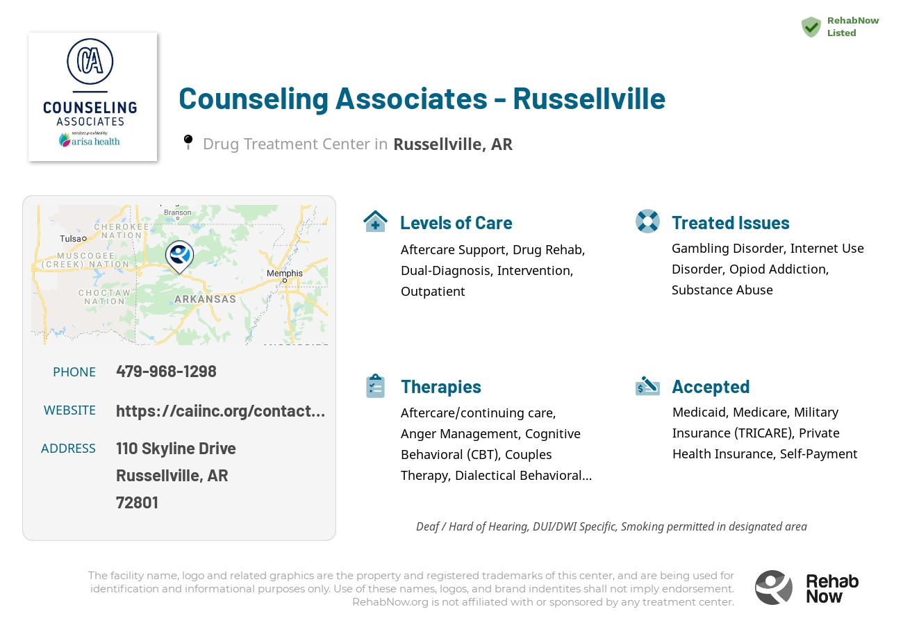 Helpful reference information for Counseling Associates - Russellville, a drug treatment center in Arkansas located at: 110 Skyline Drive, Russellville, AR 72801, including phone numbers, official website, and more. Listed briefly is an overview of Levels of Care, Therapies Offered, Issues Treated, and accepted forms of Payment Methods.