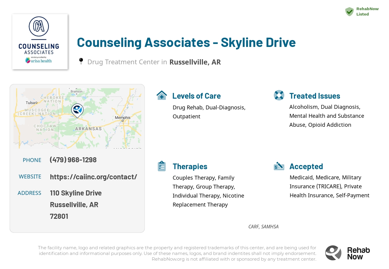 Helpful reference information for Counseling Associates - Skyline Drive, a drug treatment center in Arkansas located at: 110 Skyline Drive, Russellville, AR, 72801, including phone numbers, official website, and more. Listed briefly is an overview of Levels of Care, Therapies Offered, Issues Treated, and accepted forms of Payment Methods.