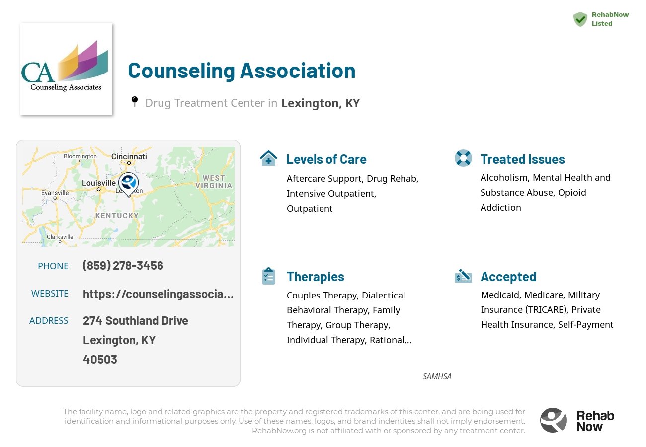 Helpful reference information for Counseling Association, a drug treatment center in Kentucky located at: 274 Southland Drive, Lexington, KY, 40503, including phone numbers, official website, and more. Listed briefly is an overview of Levels of Care, Therapies Offered, Issues Treated, and accepted forms of Payment Methods.