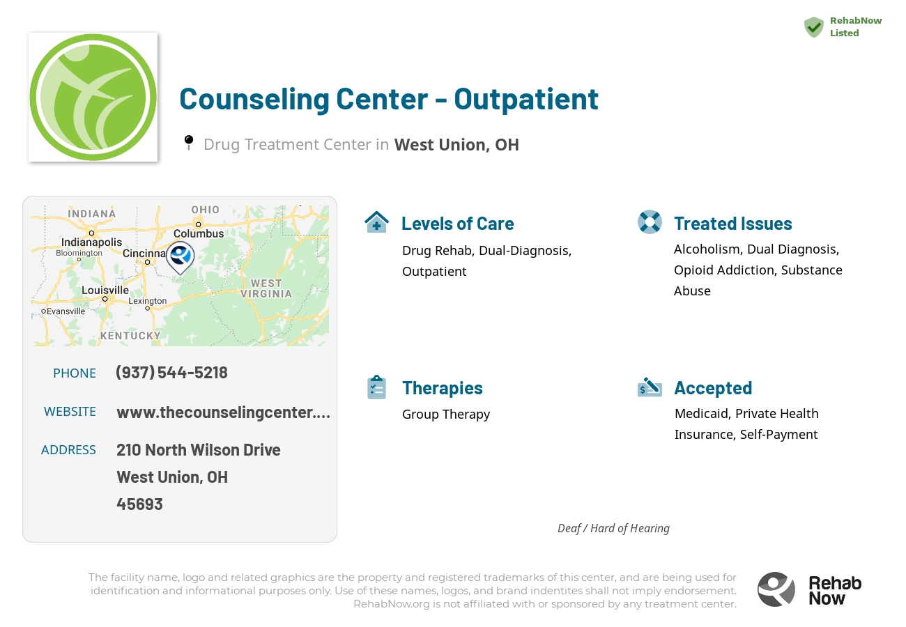 Helpful reference information for Counseling Center - Outpatient, a drug treatment center in Ohio located at: 210 North Wilson Drive, West Union, OH, 45693, including phone numbers, official website, and more. Listed briefly is an overview of Levels of Care, Therapies Offered, Issues Treated, and accepted forms of Payment Methods.