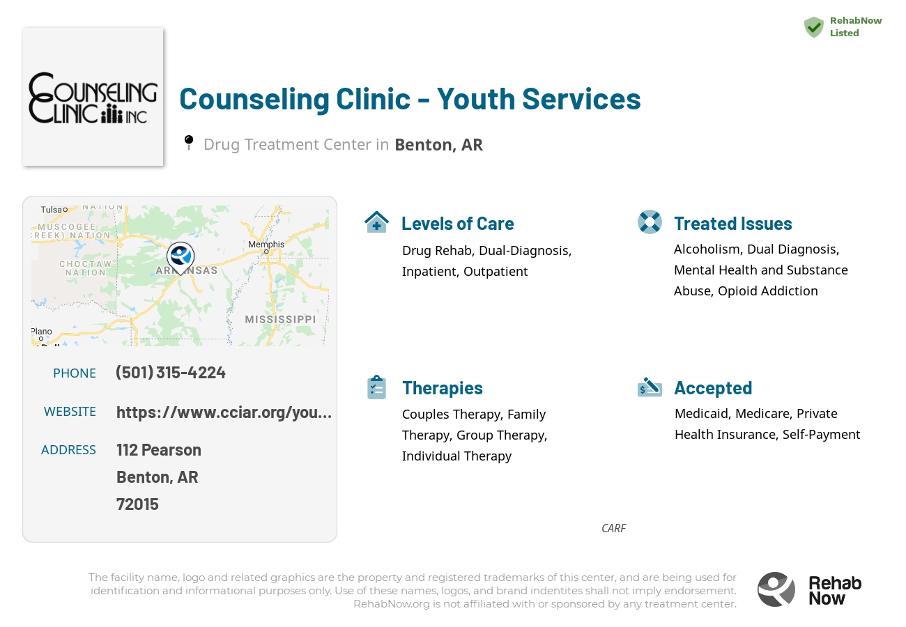 Helpful reference information for Counseling Clinic - Youth Services, a drug treatment center in Arkansas located at: 112 Pearson, Benton, AR, 72015, including phone numbers, official website, and more. Listed briefly is an overview of Levels of Care, Therapies Offered, Issues Treated, and accepted forms of Payment Methods.