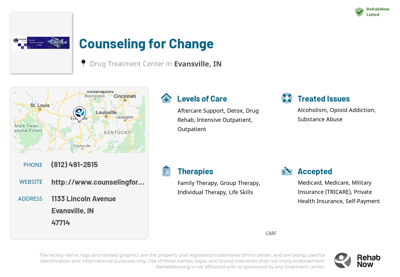 Helpful reference information for Counseling for Change, a drug treatment center in Indiana located at: 1133 Lincoln Avenue, Evansville, IN, 47714, including phone numbers, official website, and more. Listed briefly is an overview of Levels of Care, Therapies Offered, Issues Treated, and accepted forms of Payment Methods.