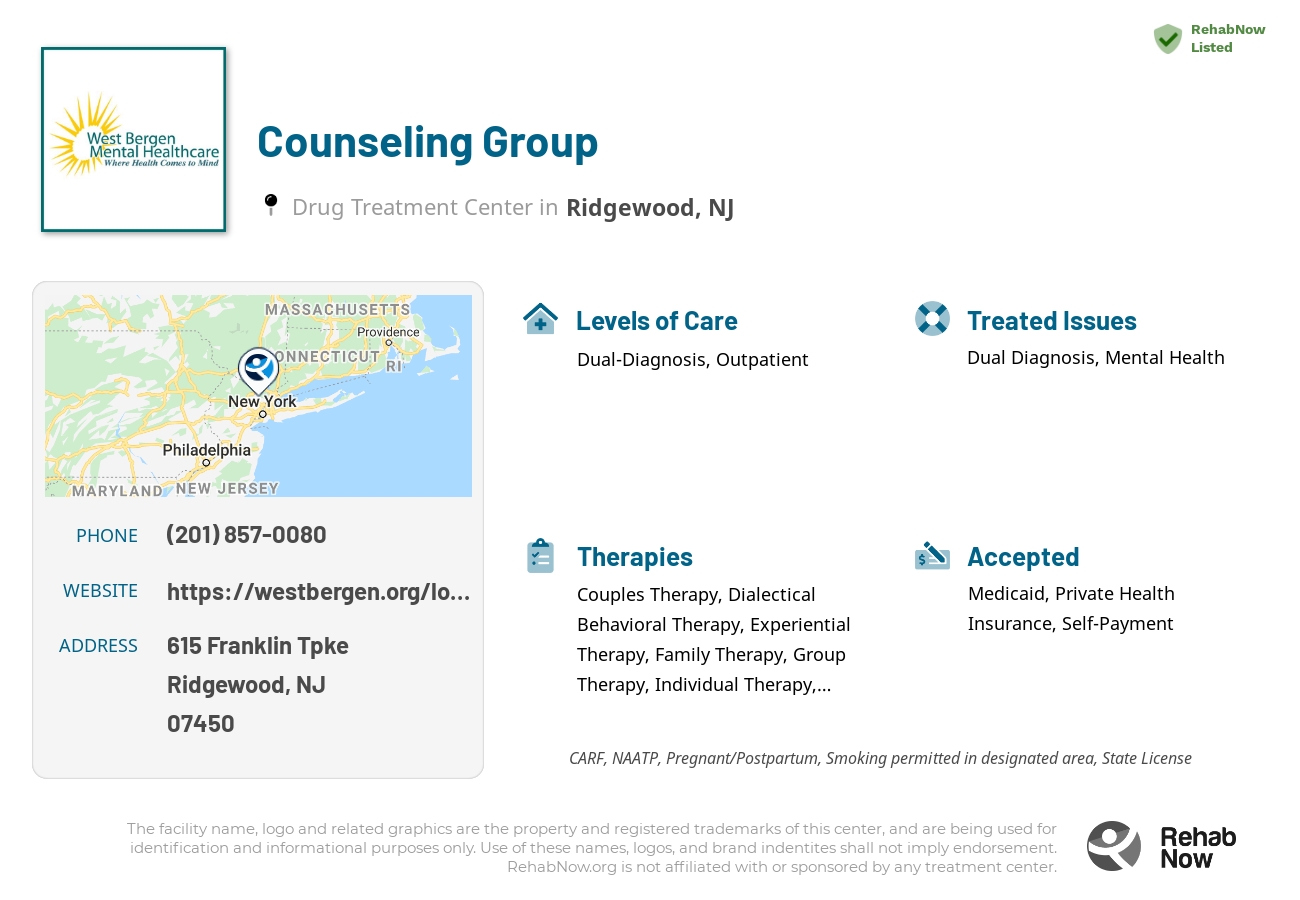 Helpful reference information for Counseling Group, a drug treatment center in New Jersey located at: 615 Franklin Tpke, Ridgewood, NJ 07450, including phone numbers, official website, and more. Listed briefly is an overview of Levels of Care, Therapies Offered, Issues Treated, and accepted forms of Payment Methods.