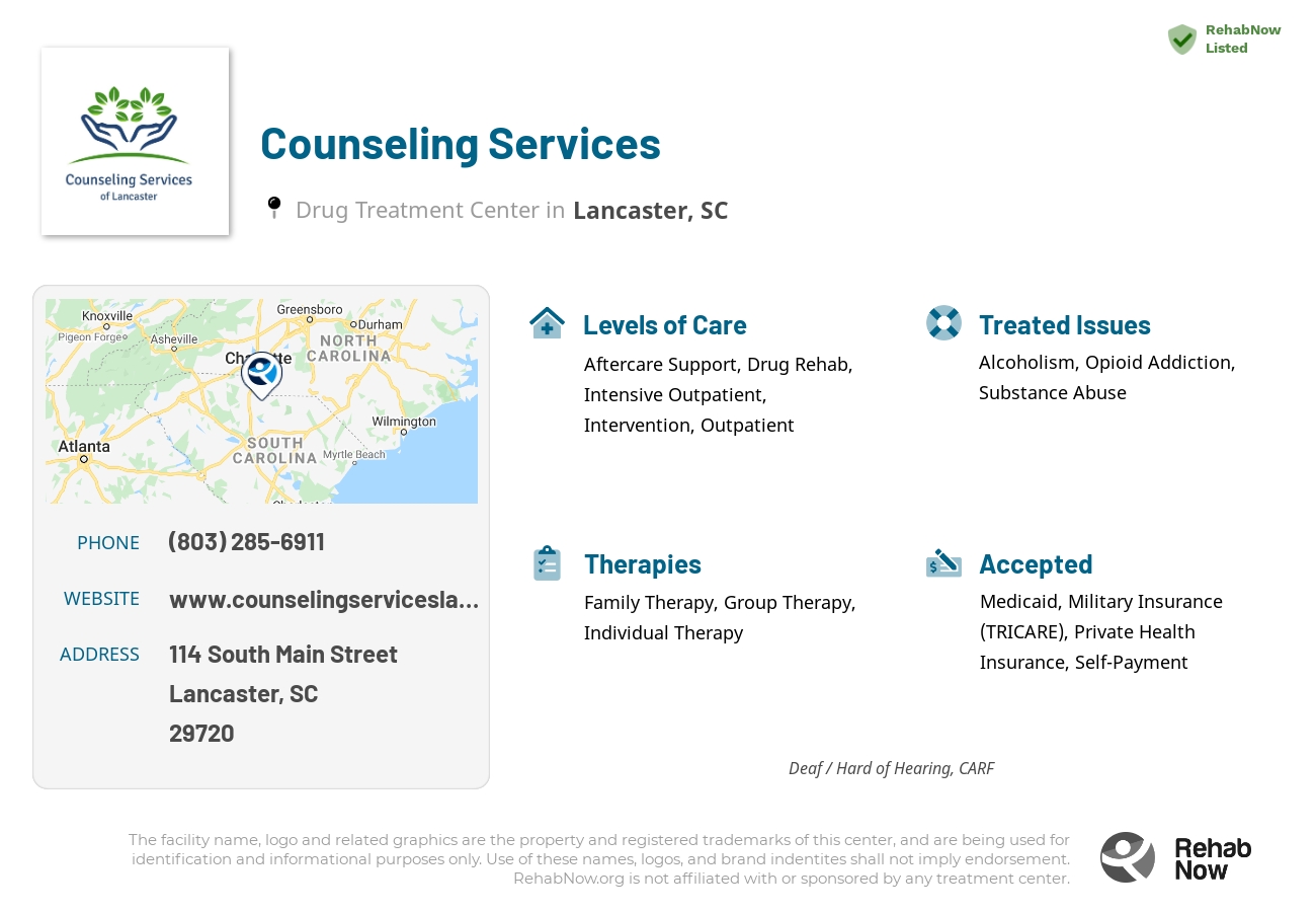 Helpful reference information for Counseling Services, a drug treatment center in South Carolina located at: 114 114 South Main Street, Lancaster, SC 29720, including phone numbers, official website, and more. Listed briefly is an overview of Levels of Care, Therapies Offered, Issues Treated, and accepted forms of Payment Methods.