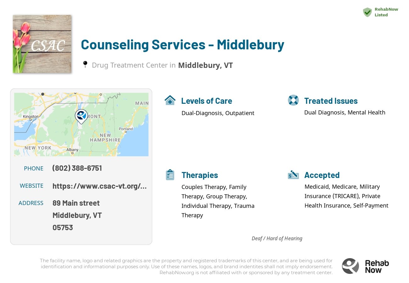 Helpful reference information for Counseling Services - Middlebury, a drug treatment center in Vermont located at: 89 89 Main street, Middlebury, VT 05753, including phone numbers, official website, and more. Listed briefly is an overview of Levels of Care, Therapies Offered, Issues Treated, and accepted forms of Payment Methods.