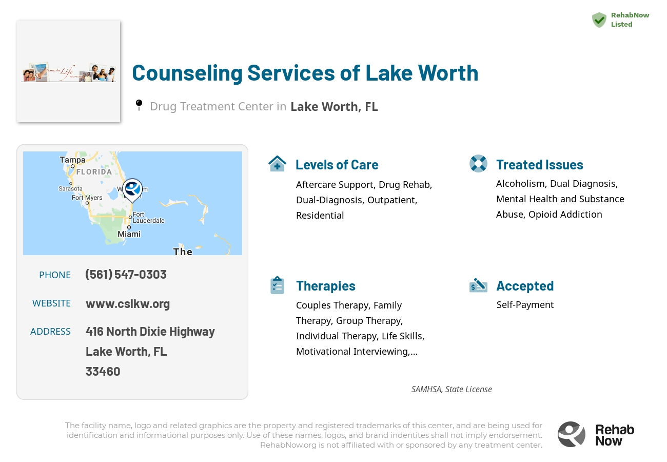 Helpful reference information for Counseling Services of Lake Worth, a drug treatment center in Florida located at: 416 North Dixie Highway, Lake Worth, FL, 33460, including phone numbers, official website, and more. Listed briefly is an overview of Levels of Care, Therapies Offered, Issues Treated, and accepted forms of Payment Methods.