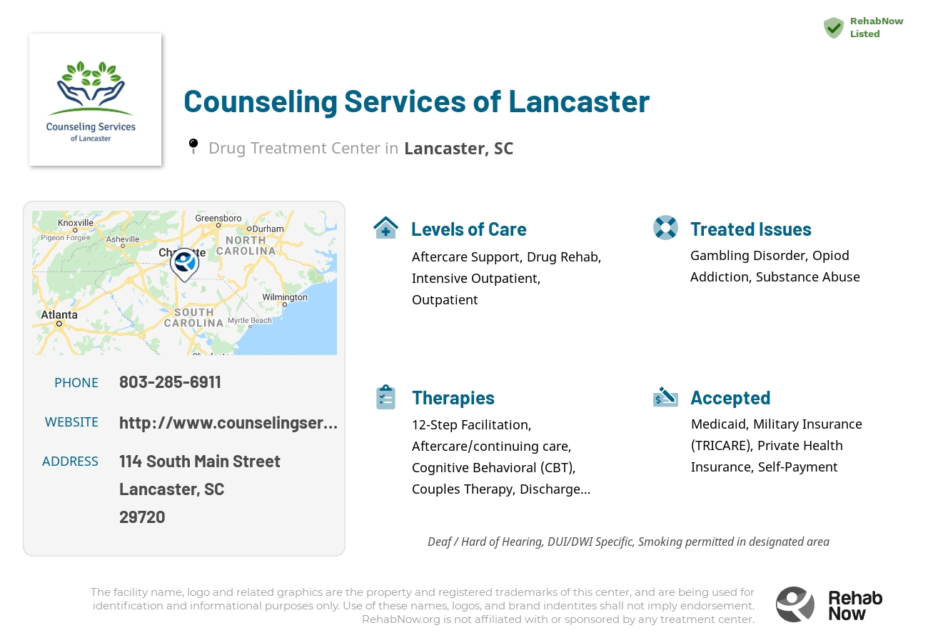 Helpful reference information for Counseling Services of Lancaster, a drug treatment center in South Carolina located at: 114 South Main Street, Lancaster, SC 29720, including phone numbers, official website, and more. Listed briefly is an overview of Levels of Care, Therapies Offered, Issues Treated, and accepted forms of Payment Methods.