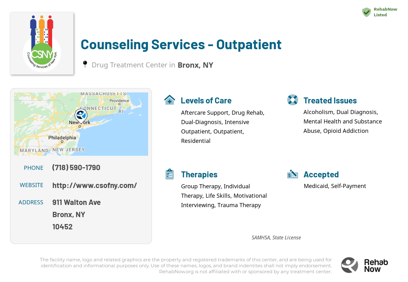 Helpful reference information for Counseling Services - Outpatient, a drug treatment center in New York located at: 911 Walton Ave, Bronx, NY 10452, including phone numbers, official website, and more. Listed briefly is an overview of Levels of Care, Therapies Offered, Issues Treated, and accepted forms of Payment Methods.