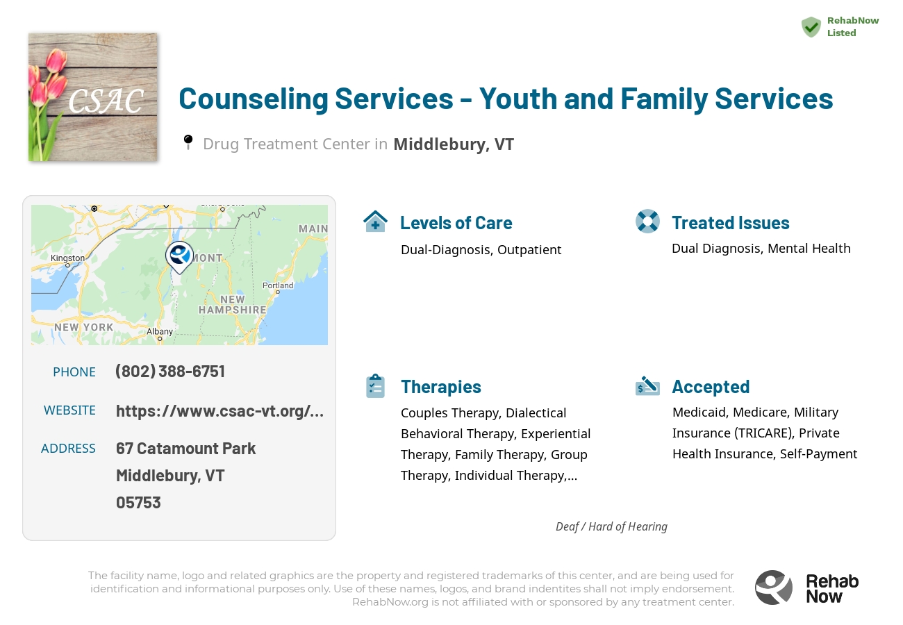 Helpful reference information for Counseling Services - Youth and Family Services, a drug treatment center in Vermont located at: 67 67 Catamount Park, Middlebury, VT 05753, including phone numbers, official website, and more. Listed briefly is an overview of Levels of Care, Therapies Offered, Issues Treated, and accepted forms of Payment Methods.