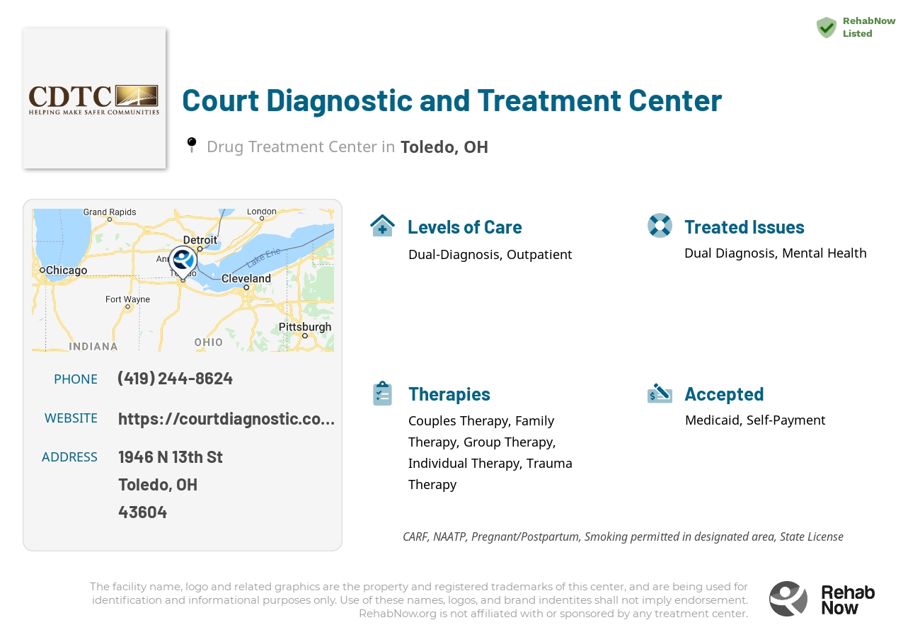 Helpful reference information for Court Diagnostic and Treatment Center, a drug treatment center in Ohio located at: 1946 N 13th St, Toledo, OH 43604, including phone numbers, official website, and more. Listed briefly is an overview of Levels of Care, Therapies Offered, Issues Treated, and accepted forms of Payment Methods.