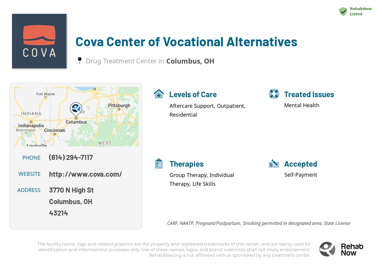 Helpful reference information for Cova Center of Vocational Alternatives, a drug treatment center in Ohio located at: 3770 N High St, Columbus, OH 43214, including phone numbers, official website, and more. Listed briefly is an overview of Levels of Care, Therapies Offered, Issues Treated, and accepted forms of Payment Methods.