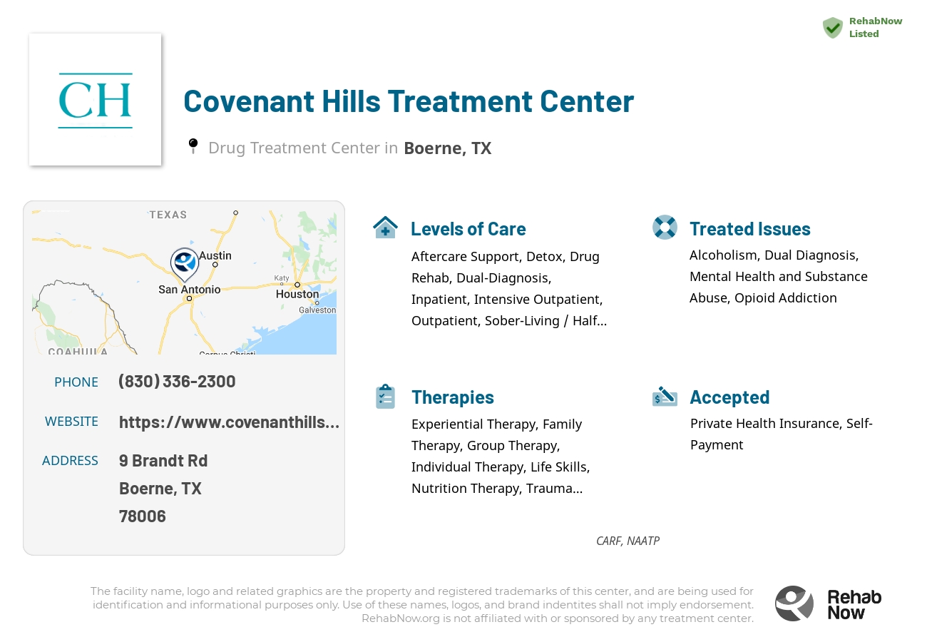 Helpful reference information for Covenant Hills Treatment Center, a drug treatment center in Texas located at: 9 Brandt Rd, Boerne, TX 78006, including phone numbers, official website, and more. Listed briefly is an overview of Levels of Care, Therapies Offered, Issues Treated, and accepted forms of Payment Methods.