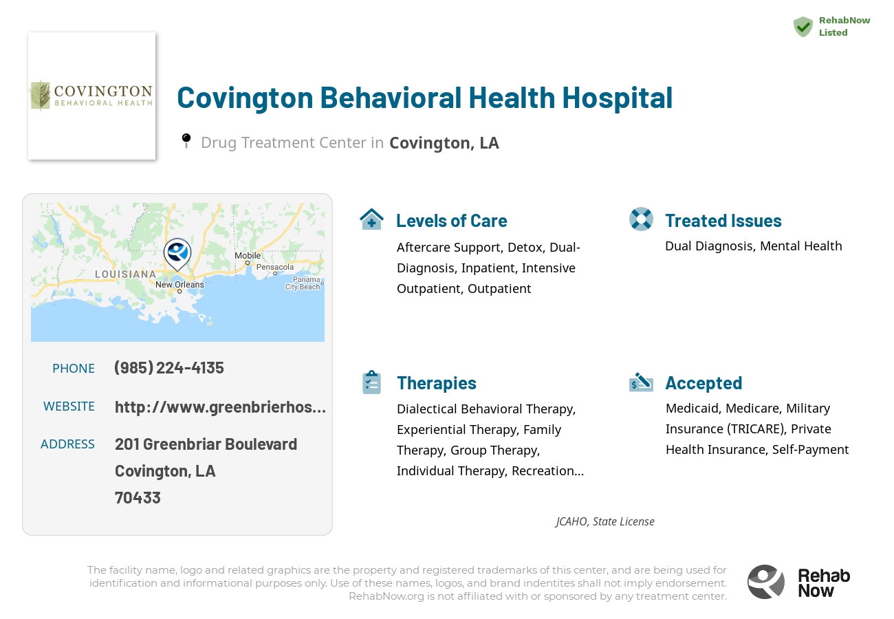Helpful reference information for Covington Behavioral Health Hospital, a drug treatment center in Louisiana located at: 201 201 Greenbriar Boulevard, Covington, LA 70433, including phone numbers, official website, and more. Listed briefly is an overview of Levels of Care, Therapies Offered, Issues Treated, and accepted forms of Payment Methods.