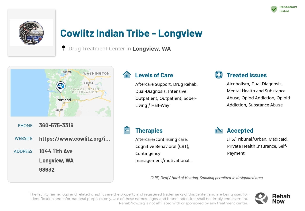 Helpful reference information for Cowlitz Indian Tribe - Longview, a drug treatment center in Washington located at: 1044 11th Ave, Longview, WA 98632, including phone numbers, official website, and more. Listed briefly is an overview of Levels of Care, Therapies Offered, Issues Treated, and accepted forms of Payment Methods.