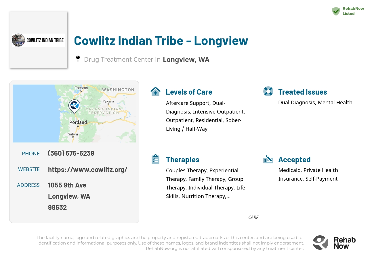 Helpful reference information for Cowlitz Indian Tribe - Longview, a drug treatment center in Washington located at: 1055 9th Ave, Longview, WA 98632, including phone numbers, official website, and more. Listed briefly is an overview of Levels of Care, Therapies Offered, Issues Treated, and accepted forms of Payment Methods.