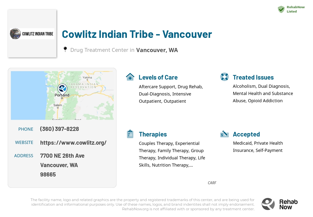 Helpful reference information for Cowlitz Indian Tribe - Vancouver, a drug treatment center in Washington located at: 7700 NE 26th Ave, Vancouver, WA 98665, including phone numbers, official website, and more. Listed briefly is an overview of Levels of Care, Therapies Offered, Issues Treated, and accepted forms of Payment Methods.