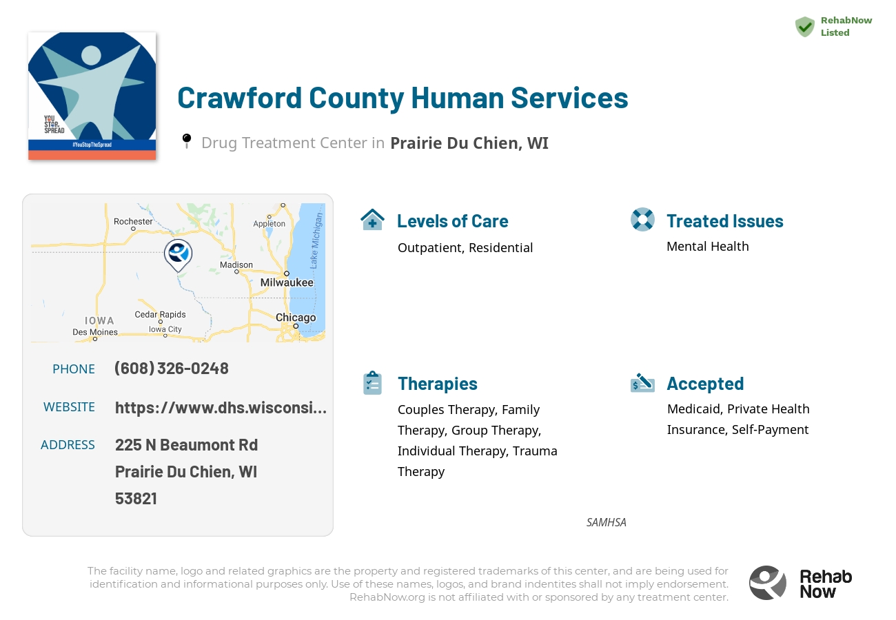 Helpful reference information for Crawford County Human Services, a drug treatment center in Wisconsin located at: 225 N Beaumont Rd, Prairie Du Chien, WI 53821, including phone numbers, official website, and more. Listed briefly is an overview of Levels of Care, Therapies Offered, Issues Treated, and accepted forms of Payment Methods.
