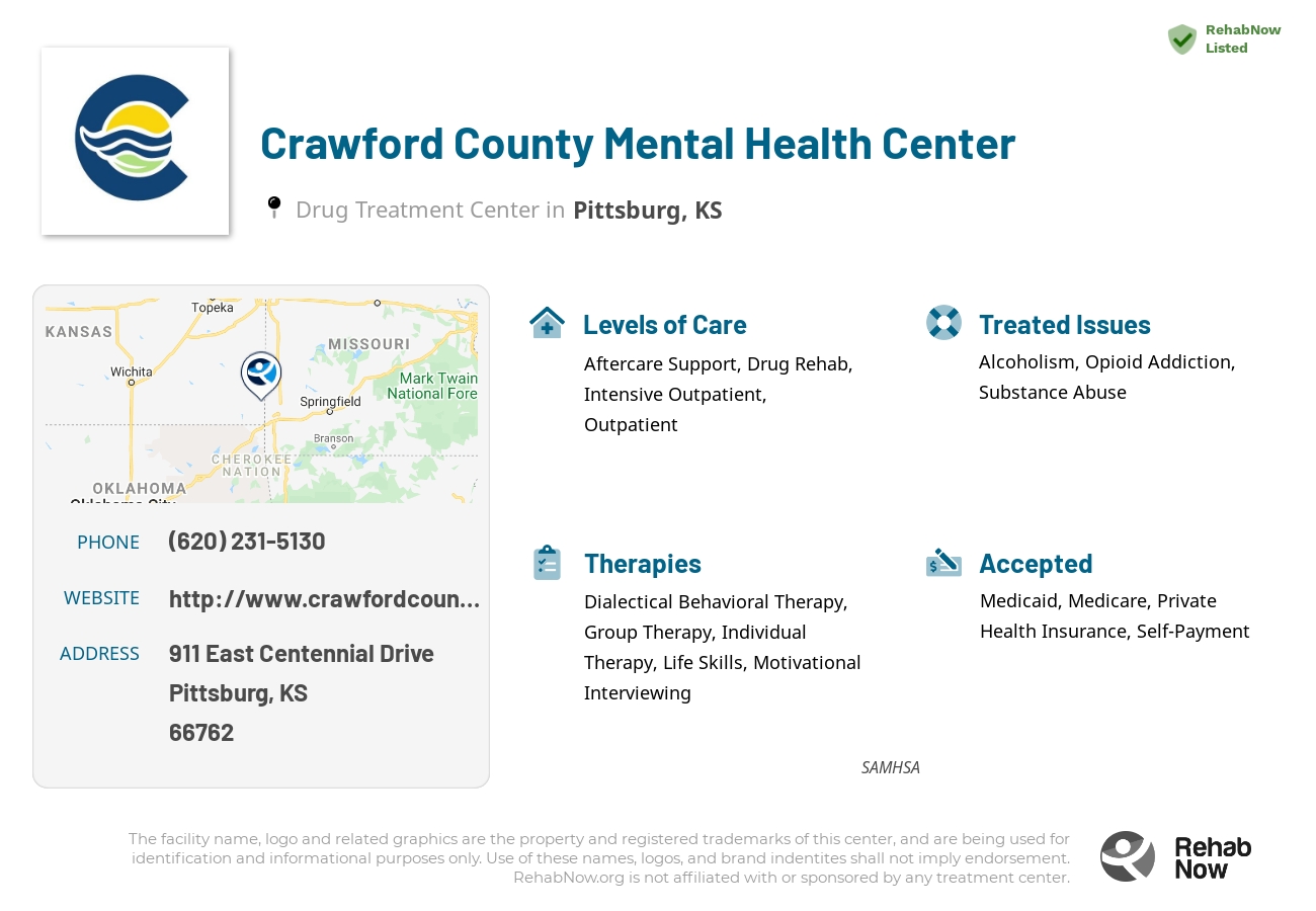 Helpful reference information for Crawford County Mental Health Center, a drug treatment center in Kansas located at: 911 911 East Centennial Drive, Pittsburg, KS 66762, including phone numbers, official website, and more. Listed briefly is an overview of Levels of Care, Therapies Offered, Issues Treated, and accepted forms of Payment Methods.