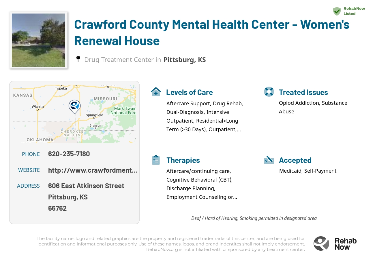 Helpful reference information for Crawford County Mental Health Center - Women's Renewal House, a drug treatment center in Kansas located at: 606 East Atkinson Street, Pittsburg, KS 66762, including phone numbers, official website, and more. Listed briefly is an overview of Levels of Care, Therapies Offered, Issues Treated, and accepted forms of Payment Methods.