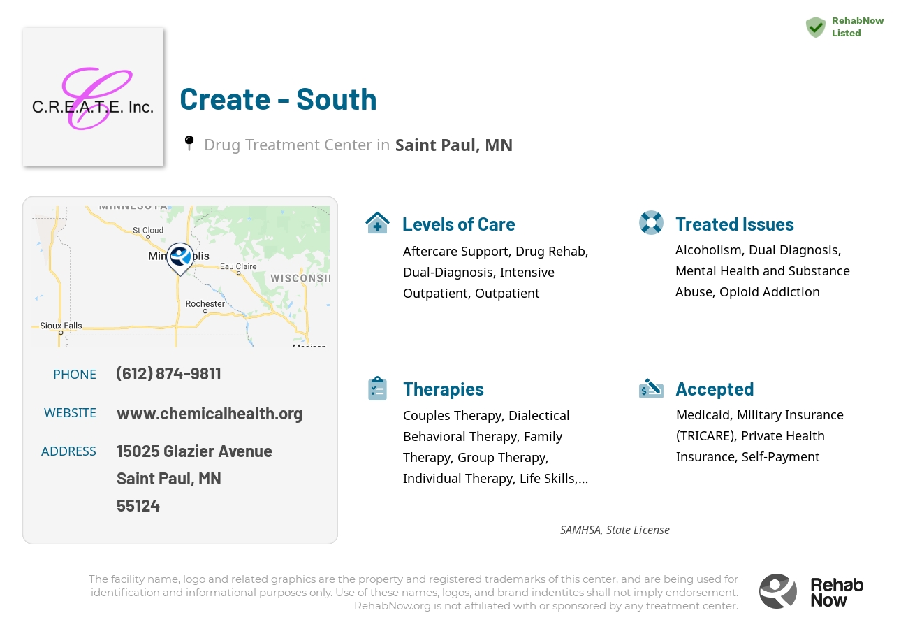 Helpful reference information for Create - South, a drug treatment center in Minnesota located at: 15025 15025 Glazier Avenue, Saint Paul, MN 55124, including phone numbers, official website, and more. Listed briefly is an overview of Levels of Care, Therapies Offered, Issues Treated, and accepted forms of Payment Methods.