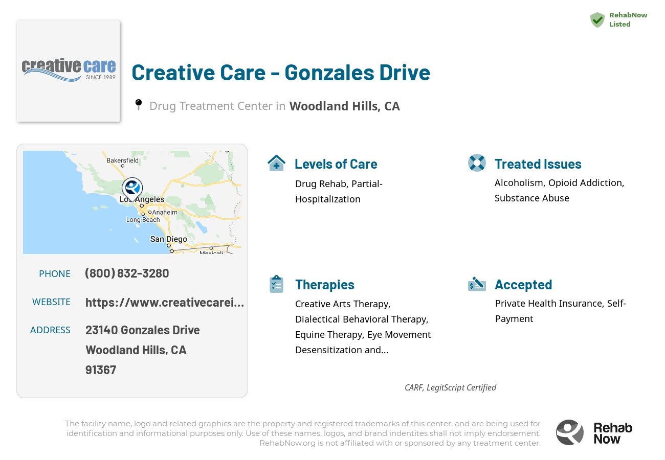 Helpful reference information for Creative Care - Gonzales Drive, a drug treatment center in California located at: 23140 Gonzales Drive, Woodland Hills, CA, 91367, including phone numbers, official website, and more. Listed briefly is an overview of Levels of Care, Therapies Offered, Issues Treated, and accepted forms of Payment Methods.