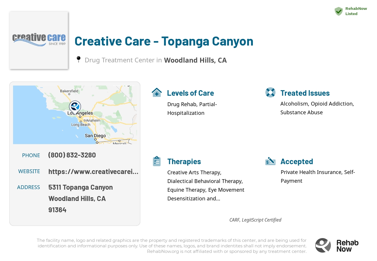 Helpful reference information for Creative Care - Topanga Canyon, a drug treatment center in California located at: 5311 Topanga Canyon, Woodland Hills, CA, 91364, including phone numbers, official website, and more. Listed briefly is an overview of Levels of Care, Therapies Offered, Issues Treated, and accepted forms of Payment Methods.