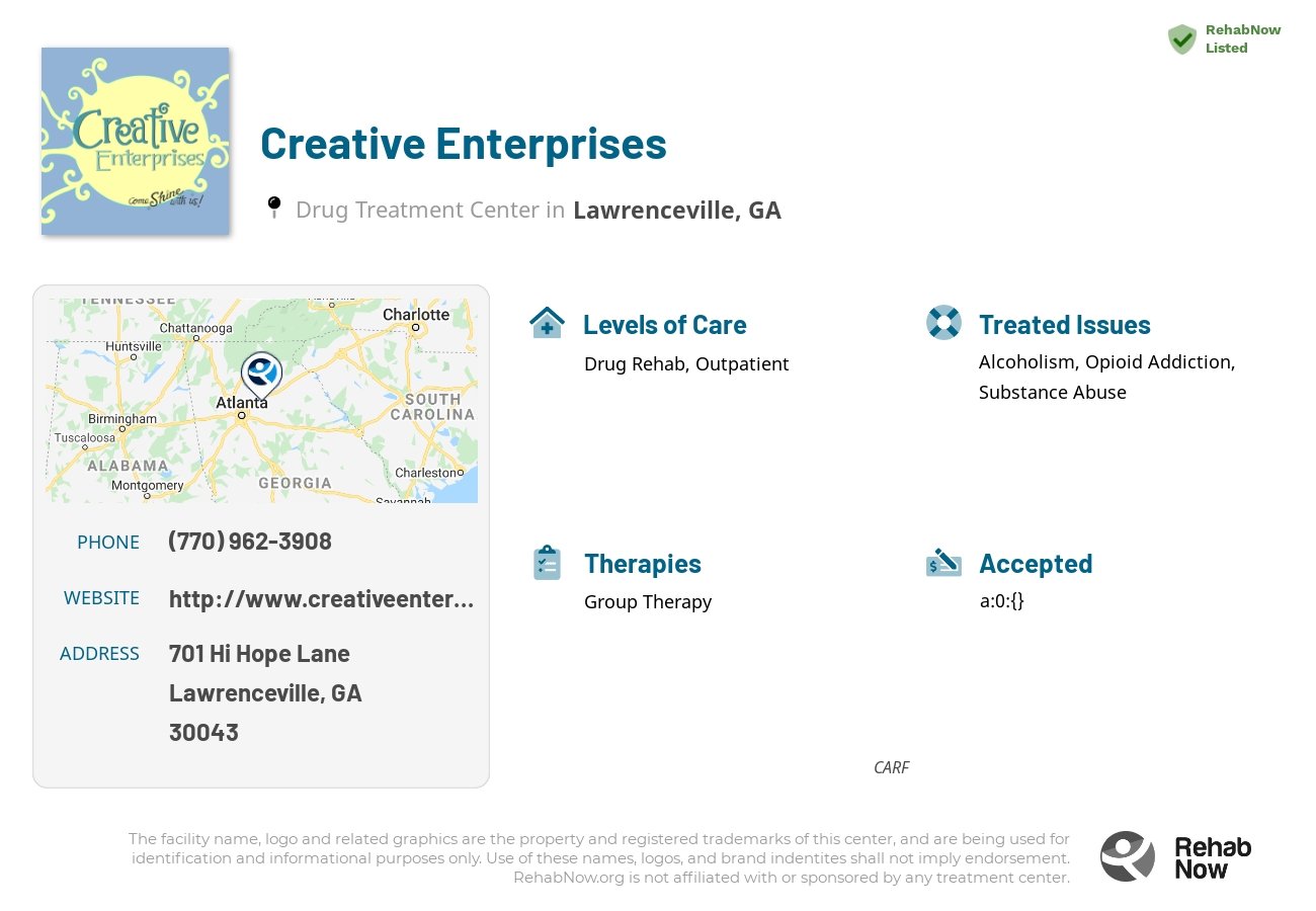 Helpful reference information for Creative Enterprises, a drug treatment center in Georgia located at: 701 701 Hi Hope Lane, Lawrenceville, GA 30043, including phone numbers, official website, and more. Listed briefly is an overview of Levels of Care, Therapies Offered, Issues Treated, and accepted forms of Payment Methods.