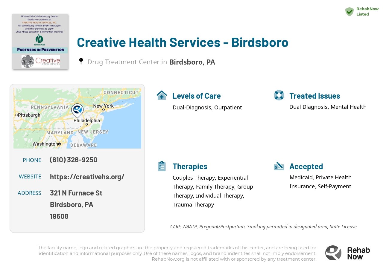 Helpful reference information for Creative Health Services - Birdsboro, a drug treatment center in Pennsylvania located at: 321 N Furnace St, Birdsboro, PA 19508, including phone numbers, official website, and more. Listed briefly is an overview of Levels of Care, Therapies Offered, Issues Treated, and accepted forms of Payment Methods.