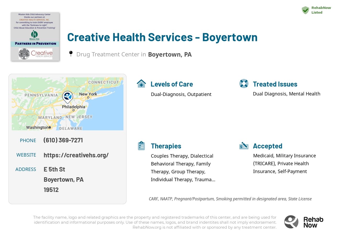 Helpful reference information for Creative Health Services - Boyertown, a drug treatment center in Pennsylvania located at: E 5th St, Boyertown, PA 19512, including phone numbers, official website, and more. Listed briefly is an overview of Levels of Care, Therapies Offered, Issues Treated, and accepted forms of Payment Methods.