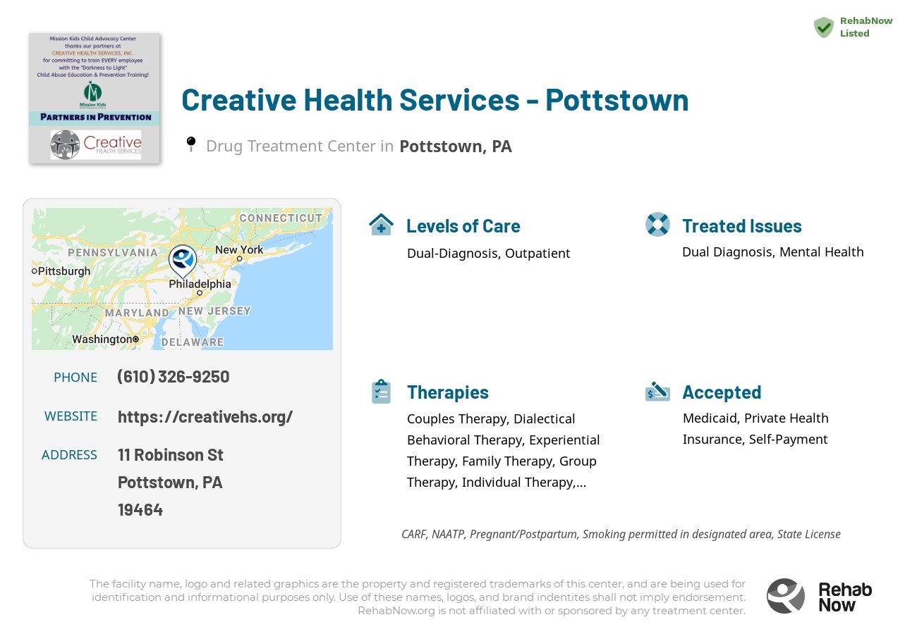 Helpful reference information for Creative Health Services - Pottstown, a drug treatment center in Pennsylvania located at: 11 Robinson St, Pottstown, PA 19464, including phone numbers, official website, and more. Listed briefly is an overview of Levels of Care, Therapies Offered, Issues Treated, and accepted forms of Payment Methods.
