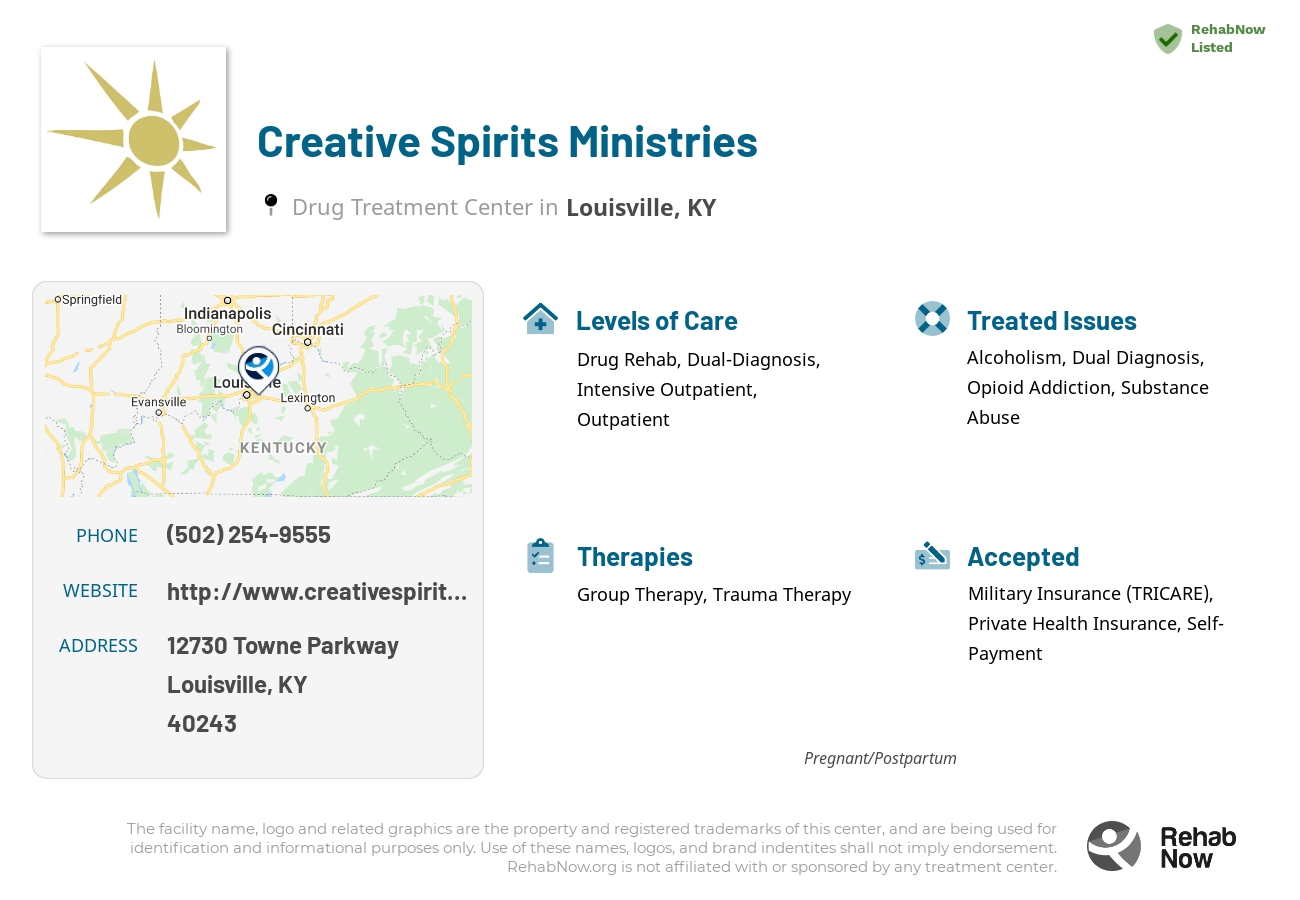 Helpful reference information for Creative Spirits Ministries, a drug treatment center in Kentucky located at: 12730 Towne Parkway, Louisville, KY, 40243, including phone numbers, official website, and more. Listed briefly is an overview of Levels of Care, Therapies Offered, Issues Treated, and accepted forms of Payment Methods.