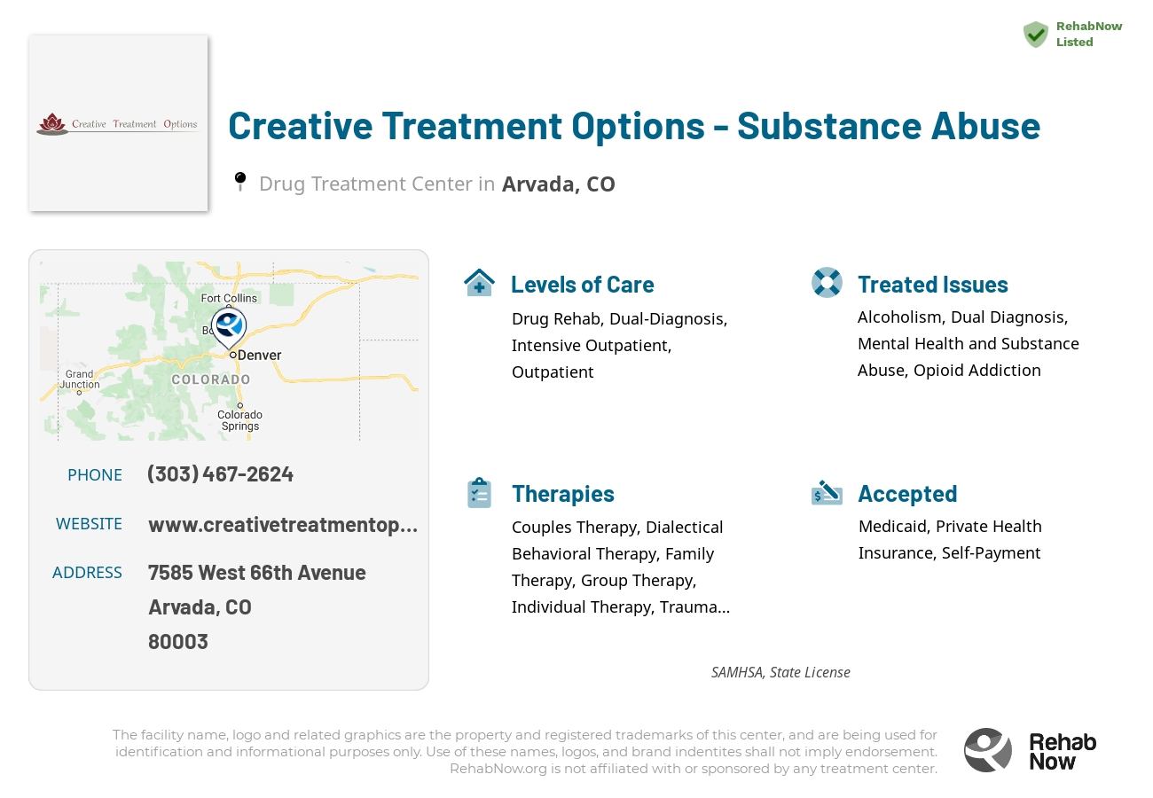 Helpful reference information for Creative Treatment Options - Substance Abuse, a drug treatment center in Colorado located at: 7585 West 66th Avenue, Arvada, CO, 80003, including phone numbers, official website, and more. Listed briefly is an overview of Levels of Care, Therapies Offered, Issues Treated, and accepted forms of Payment Methods.