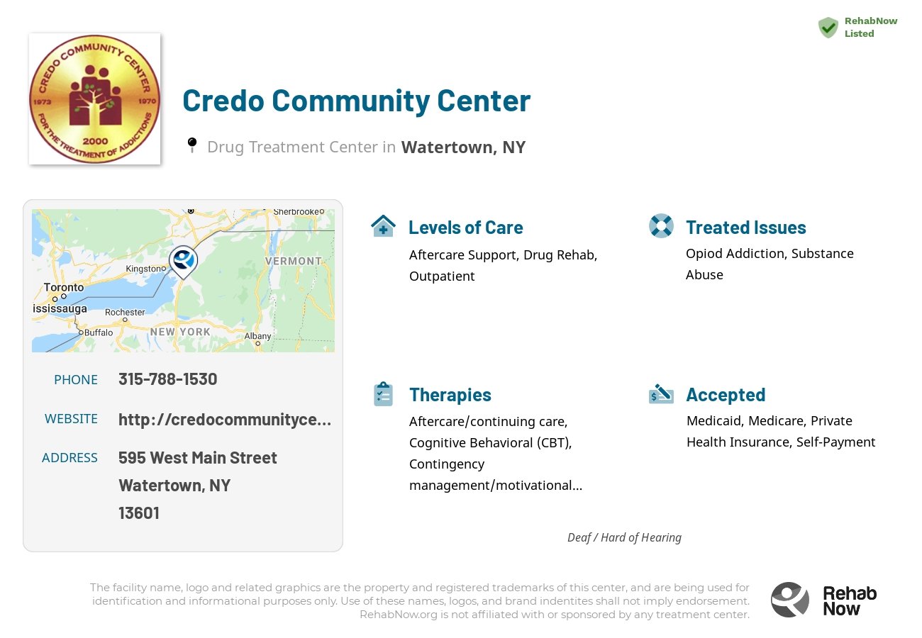 Helpful reference information for Credo Community Center, a drug treatment center in New York located at: 595 West Main Street, Watertown, NY 13601, including phone numbers, official website, and more. Listed briefly is an overview of Levels of Care, Therapies Offered, Issues Treated, and accepted forms of Payment Methods.