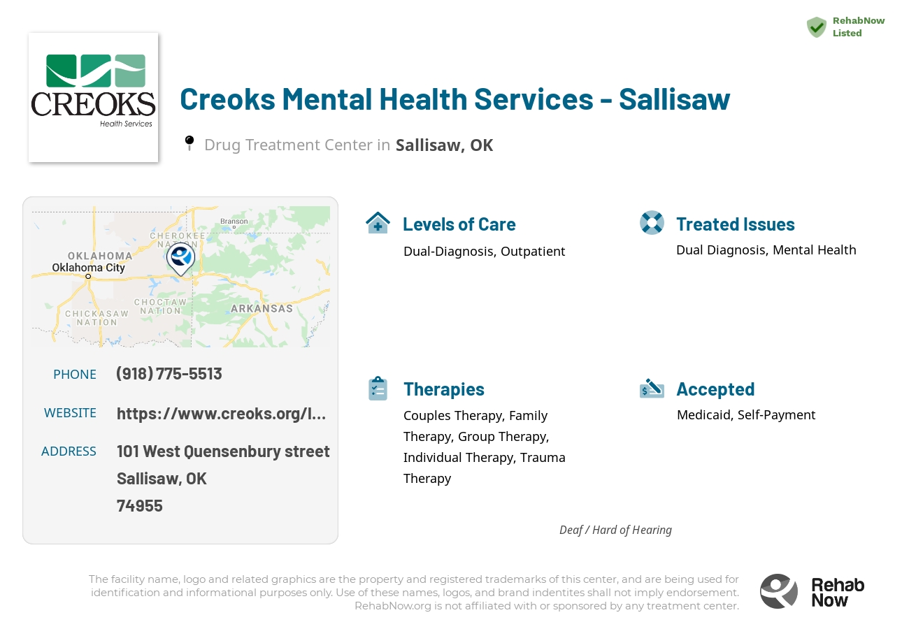 Helpful reference information for Creoks Mental Health Services - Sallisaw, a drug treatment center in Oklahoma located at: 101 West Quensenbury street, Sallisaw, OK 74955, including phone numbers, official website, and more. Listed briefly is an overview of Levels of Care, Therapies Offered, Issues Treated, and accepted forms of Payment Methods.