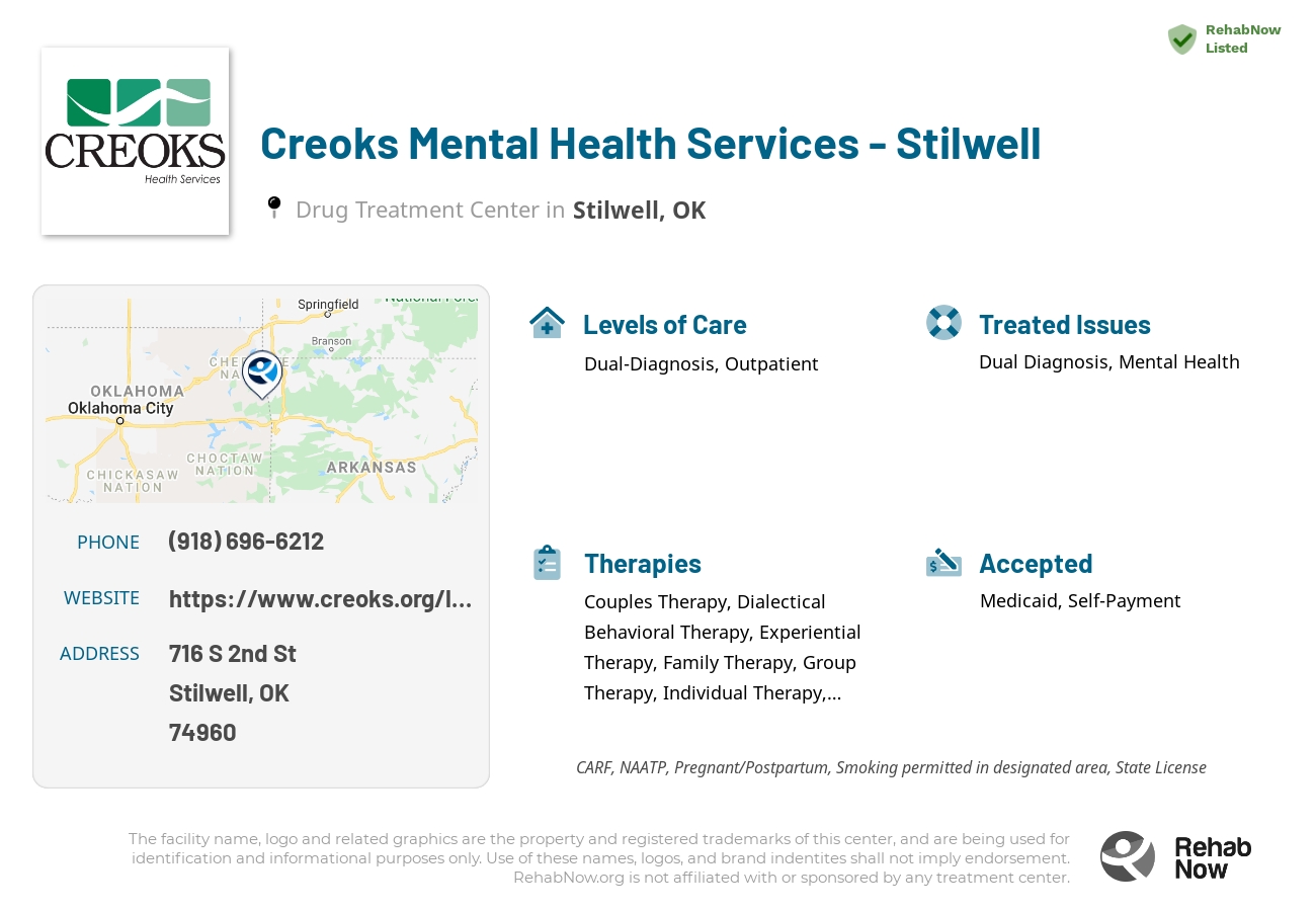 Helpful reference information for Creoks Mental Health Services - Stilwell, a drug treatment center in Oklahoma located at: 716 S 2nd St, Stilwell, OK 74960, including phone numbers, official website, and more. Listed briefly is an overview of Levels of Care, Therapies Offered, Issues Treated, and accepted forms of Payment Methods.